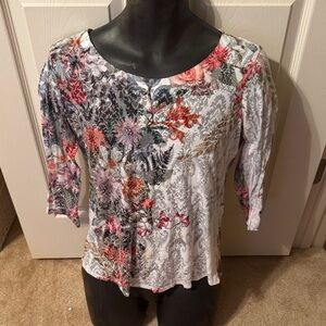 New Directions Floral Print Scoop Neck Women's Top in White and Pink Size M